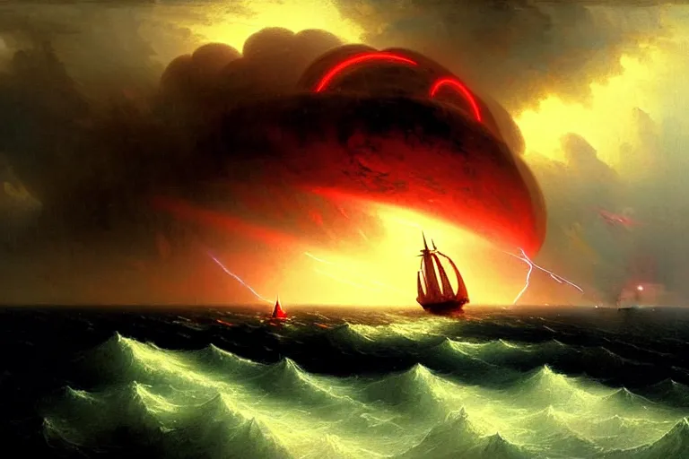 Image similar to A beautiful matte painting of huge spherical alien spaceship attacking with powerful red lasers a Sailship in ocean in thunderstorm by Greg Rutkowski and Ivan aivazovsky