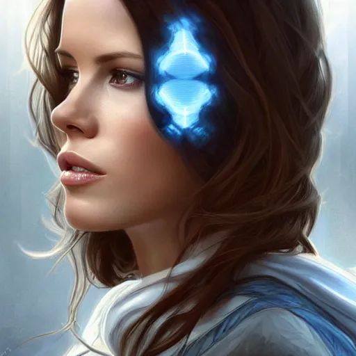 Image similar to ultra realistic illustration, a kate beckinsale in a white hood, with brown hair, with blue eyes, intricate, elegant, highly detailed, digital painting, artstation, concept art, smooth, sharp focus, illustration, art by artgerm and greg rutkowski and alphonse mucha