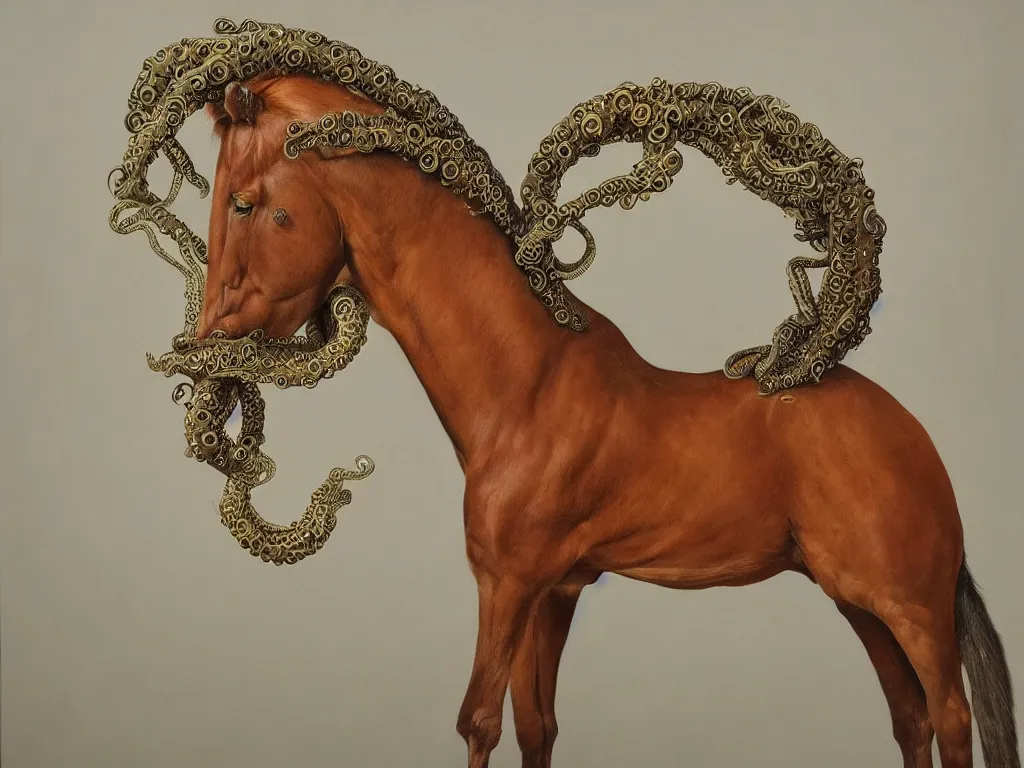 Image similar to a perfect hyperrealist painting of a horse, leg tentacle transplant and a mane of tentacles. 3 5 mm film photograph in style of stubbs whistlejacket. fine art, gallery lighting, solemn, and exquisite