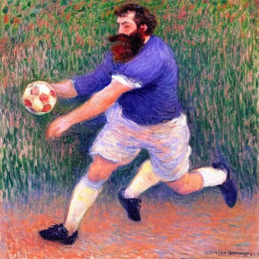 Prompt: monet painting of a bearded man getting hit in the groing with a soccer ball, highly detailed, realistic,