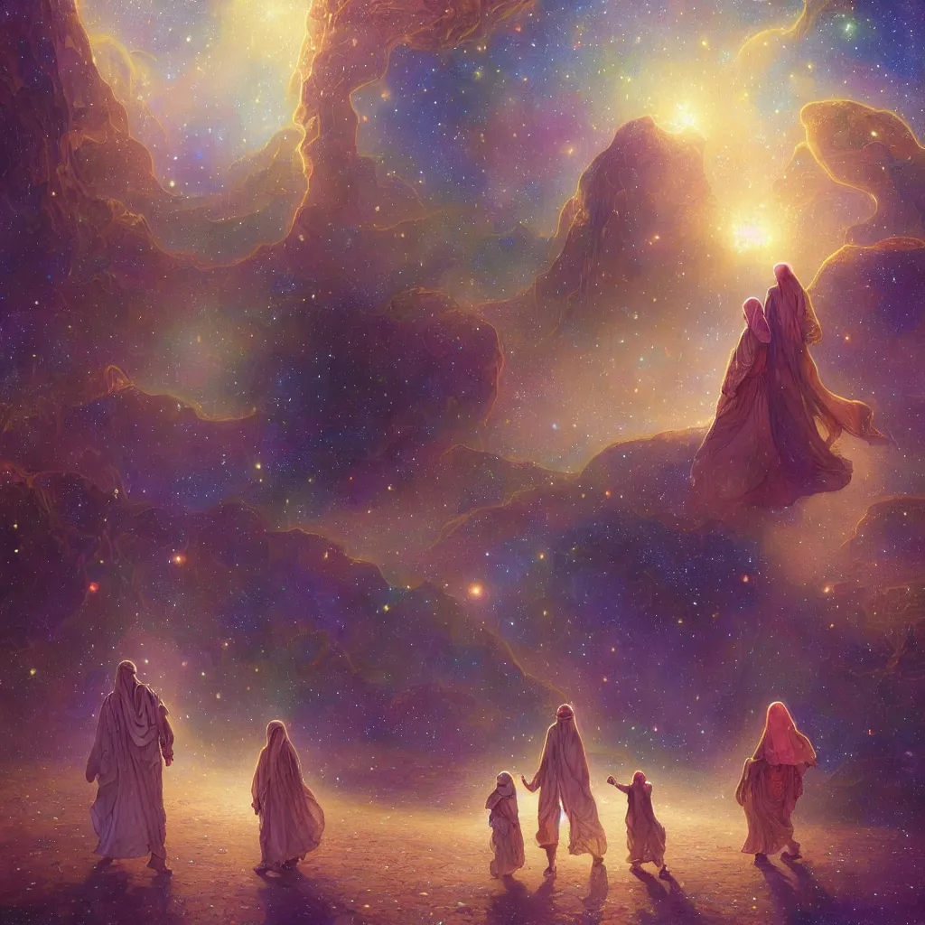 Image similar to bedouin man and woman and child in galaxy walking towards mosque surrounded by nebula, highly detailed, gold filigree, romantic storybook fantasy, soft cinematic lighting, award, disney concept art watercolor illustration by mandy jurgens and alphonse mucha and alena aenami, pastel color palette, featured on artstation