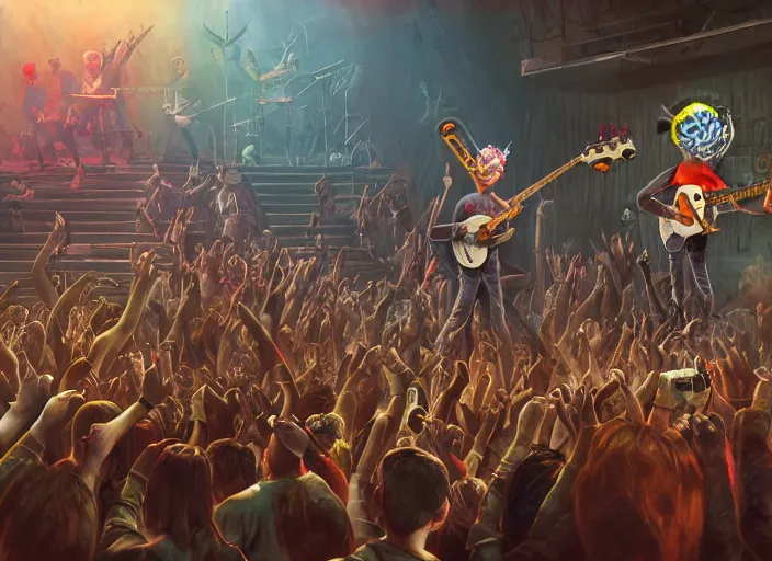 Image similar to 4 punks in school uniform with mohawks stand on stage with guitars and drums and microphones and yell day, foreground fight of ravers and punks, by marc simonetti, tyler edlin, deviantart, ray tracing, octane render, digital art, realistic, high quality, 8 k