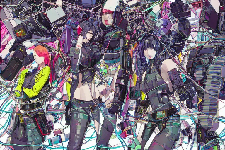 Image similar to a cyberpunk illustration of a group of four super-coherent colorful female androids dressed in seifuku in style of masamune shirow, lying scattered across an empty, white floor with their bodies rotated in different poses and cables and wires coming out, by yukito kishiro and katsuhiro otomo, hyper-detailed, intricate, bird view