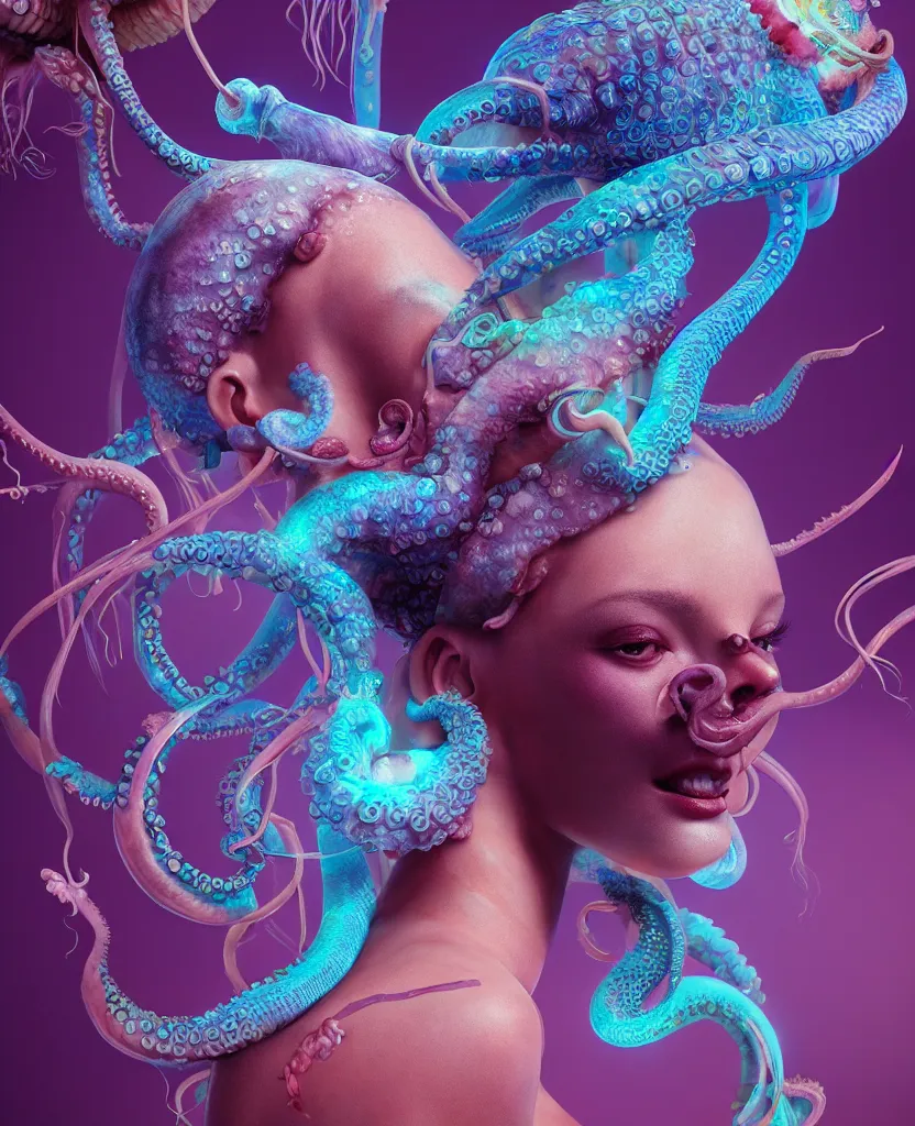 Prompt: goddess close-up portrait human high on ecstacy, ram skull, octopus, jellyfish, orchid, betta fish, bioluminiscent, intricate artwork by Tooth Wu and wlop and beeple. octane render, trending on artstation, greg rutkowski very coherent symmetrical artwork. cinematic, hyper realism, high detail, octane render, 8k