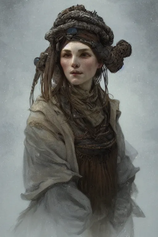 Image similar to A full portrait of an ancient nordic villager, intricate, elegant, highly detailed, digital painting, artstation, concept art, smooth, sharp focus, illustration, art by Krenz Cushart and Artem Demura and alphonse mucha