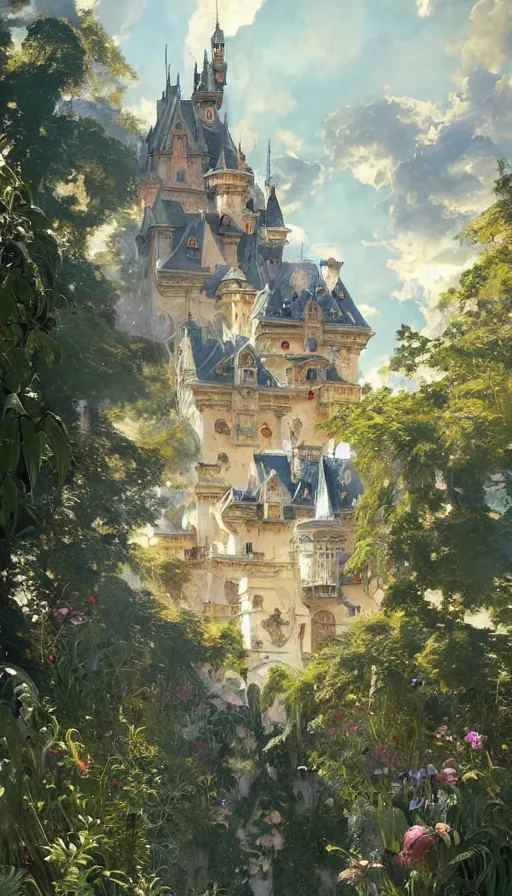 Image similar to castle seen from the sky, cyberpunk, design on white background, beautiful details, lush foliage, drawn by john singer sargent, tom bagshaw, norman rockwell, alphonso mucha, lolish, trending on artstation