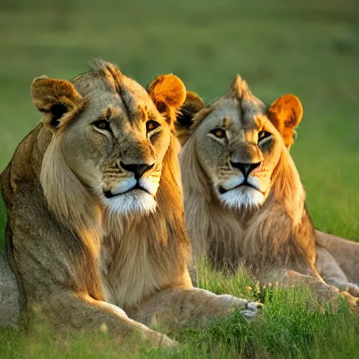 Prompt: Two lions resting in the grass at dusk