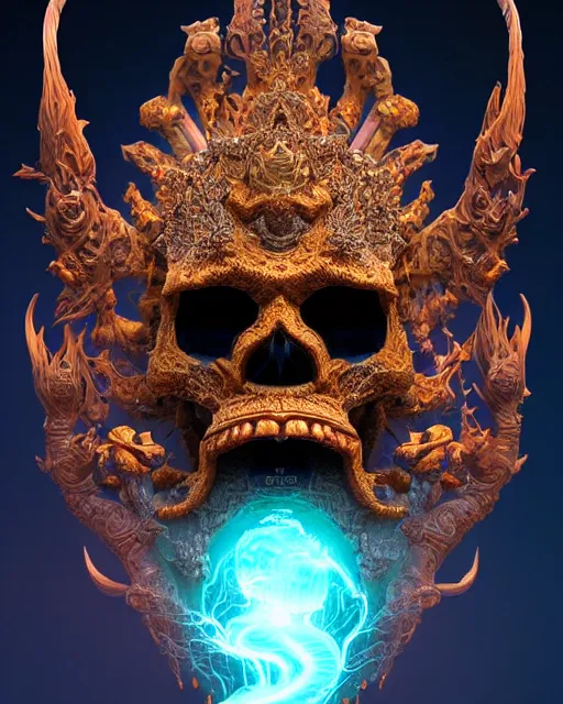 Image similar to 3 d ornate carved dark cosmic king with profile portrait, sigma 5 0 0 mm f / 5. beautiful intricate highly detailed quetzalcoatl skull. bioluminescent, plasma, lava, ice, water, wind, creature, thunderstorm! artwork by tooth wu and wlop and beeple and greg rutkowski, 8 k trending on artstation