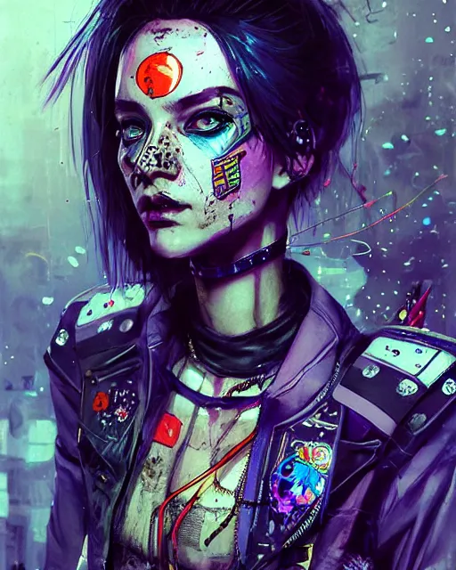 Image similar to detailed portrait Punk Girl cyberpunk futuristic ((neon)) Reflective puffy sheen film jacket, decorated with traditional japanese ornaments by ismail inceoglu dragan bibin hans thoma greg rutkowski Alexandros Pyromallis Nekro Rene Margitte illustrated Perfect face, fine details, realistic shaded, fine-face, pretty face