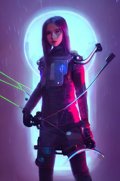 Image similar to portrait futuristic adorable cyberpunk young female archer, in futuristic stormy thunder light tokyo rooftop cyberpunk night, ssci-fi, fantasy, intricate, very very beautiful, elegant, neon light, highly detailed, digital painting, artstation, concept art, soft light, hdri, smooth, sharp focus, illustration, art by tian zi and craig mullins and WLOP and alphonse mucha