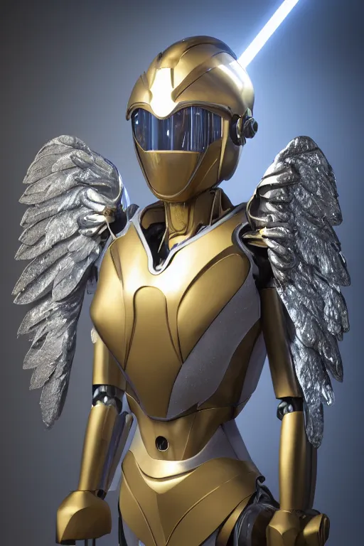 Prompt: maria of metropolis, humanoid robot, golden full body armor, deployed silver wings, beautiful helmet in the shape of a face, glowing yellow eyes, scifi, futuristic, raytracing, glowwave, sharp focus, cinematic lighting, artstation, divine, unreal engine 5 rendered, by fritz lang, art style by pixar warner bros dreamworks disney and kazuya takahashi