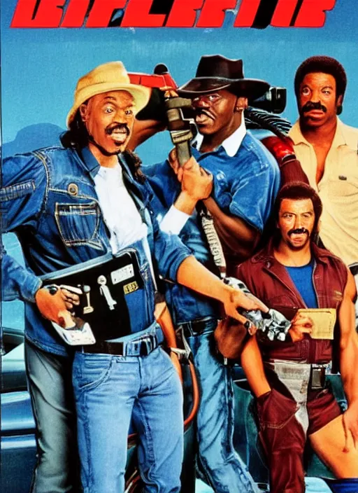 Prompt: an 8 0's john alvin action movie poster starring eddie murphy face as a plumber to rich people. bathroom. overalls. tool belt. the movie is called beverly hills crap