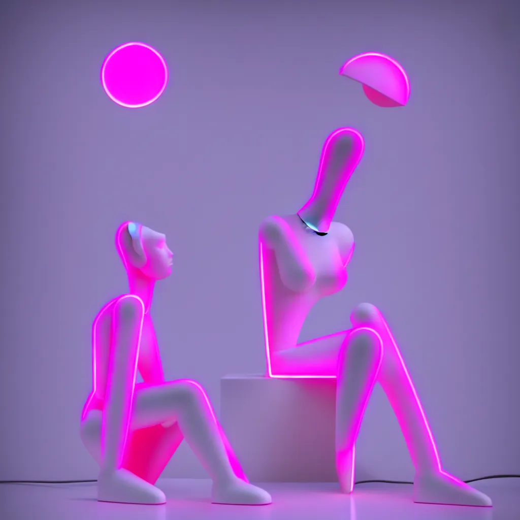 Image similar to beautiful marble sculpture of a mannequin by billelis + lit with 3 d geometric neon + moon in background!, facing a doorway opening with neon pink geometric light + hosta flowers!!, award winning, clean linework, dramatic, finely detailed, 4 k, trending on artstation, photorealistic, volumetric lighting, octane render