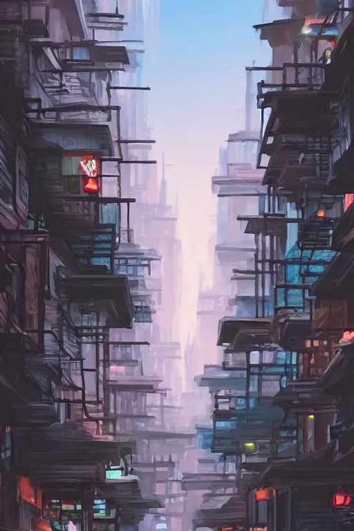 Image similar to backlane alley with kuala lumpur twin towers in the background, evening, highly detailed matte painting, studio ghibli, artstation