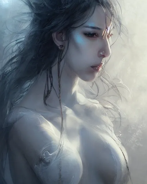 Image similar to beautiful women with oriental faces, character portrait, sharp, digital matte painting, art by luis royo, greg rutkowski, dramatic lighting, trending on artstation