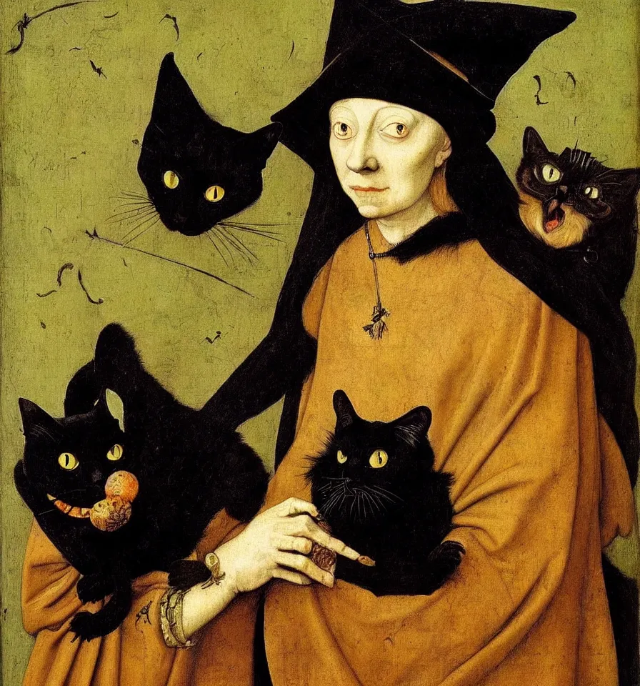 Image similar to painted portrait of a creepy witch with a black cat, 1 6 th century, hans holbein the younger, jan van eyck, gerit dou,