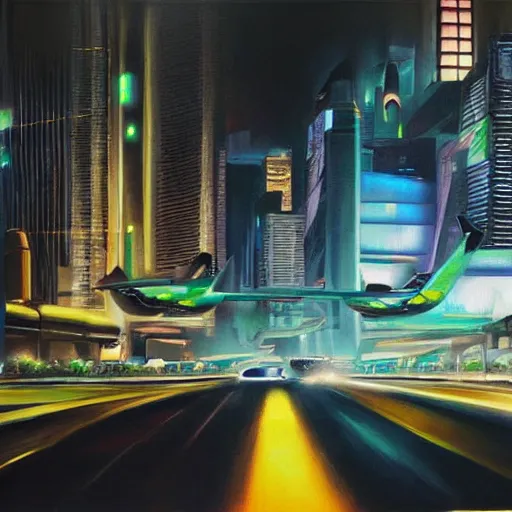 Image similar to flying futuristic taxis in cyberpunk city, hyperrealism oil painting