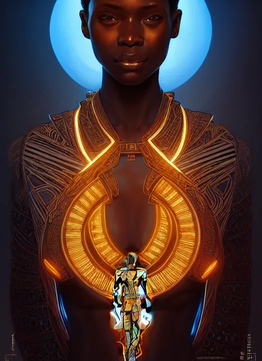 Image similar to symmetry!! portrait of african tribal warrior, tech wear, glowing lights!! intricate, elegant, highly detailed, digital painting, artstation, concept art, smooth, sharp focus, illustration, art by artgerm and greg rutkowski and alphonse mucha