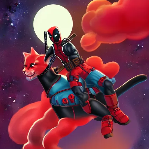 Prompt: illustration of deadpool riding on fluffy cat!!!!!!!!!!!!!!!!!!!!! in space, trending on artstation