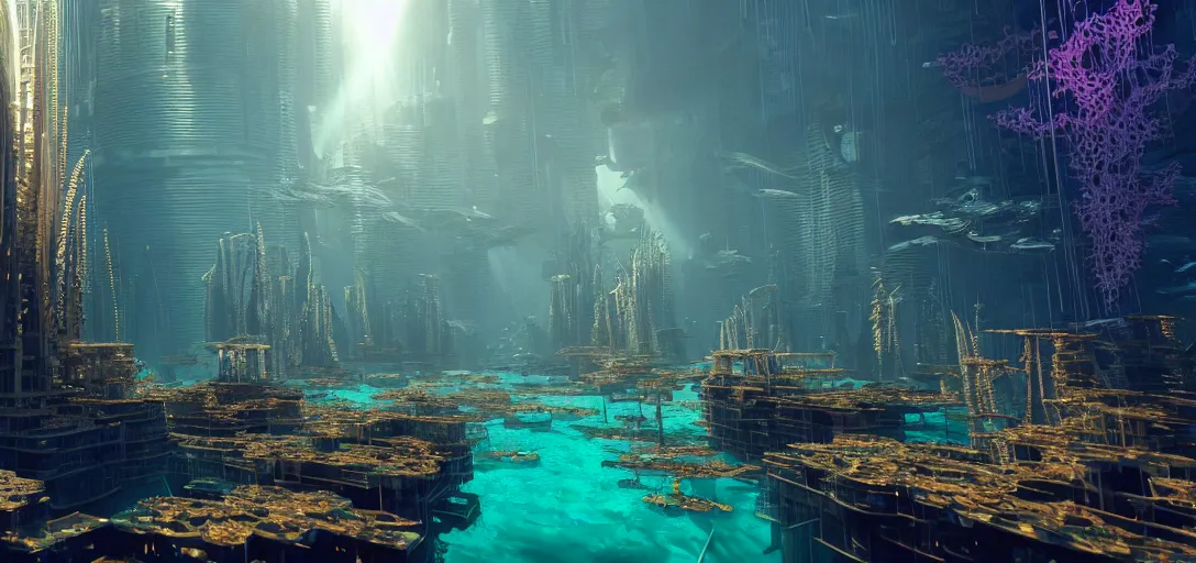 Image similar to cyberpunk civilization underwater built with shinny golden buildings by antoni gaudi, bridges and pipe roads by wlop, underwater light rays, bubbles, old kelp forest, corals at flynn reef, national geographic, rule of thirds, octane render sidefx isotropix nvidia omniverse materialx osl redshift arnold unreal engine, hyper detailed, sharp focus