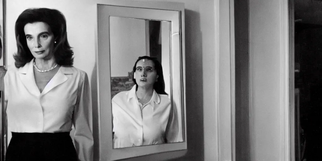 Image similar to ultra wide angle color photo of beautiful young nancy pelosi dressed in a white blouse and black dress pants as diana prince looking at herself in a bathroom mirror and seeing her reflection as wonder woman