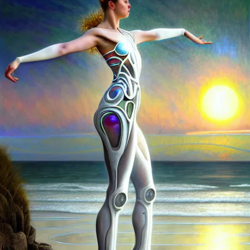 Image similar to organic cyborg dancer, white holographic plastic, shoreline, beach, sunset, fantasy, intricate, elegant, highly detailed, lifelike, photorealistic, digital painting, artstation, illustration, smooth, sharp focus, art by john collier and albert aublet and krenz cushart and artem demura and alphonse mucha