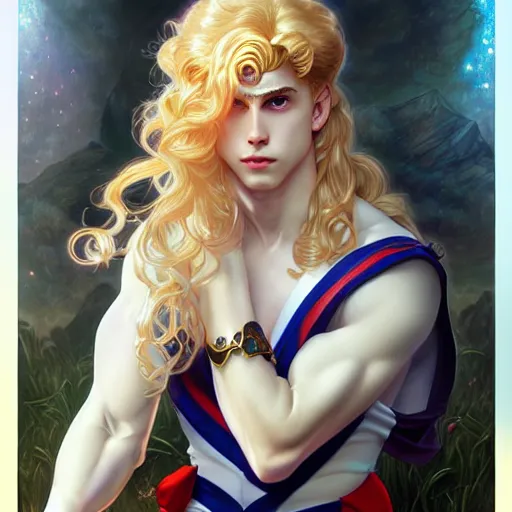 Image similar to Sailor Moon as a male, pale skin curly blond hair, fantasy, intricate, elegant, highly detailed, digital painting, artstation, concept art, matte, sharp focus, illustration, art by Artgerm and Greg Rutkowski and Alphonse Mucha