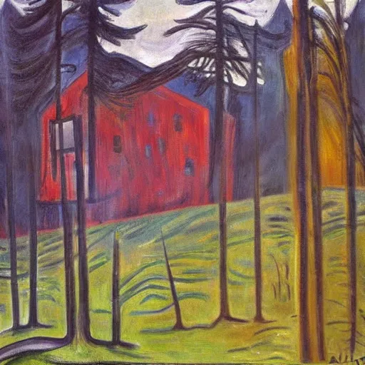 Image similar to a painting of a Eerie cabin in the middle of the woods in the Edvard Munch