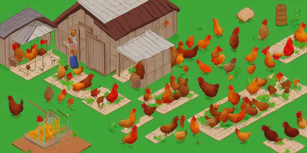 Image similar to Jesus is feeding the chickens, isometric illustration