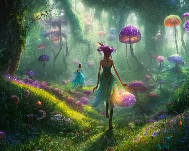 Prompt: beautiful faerie princess walks through happy trippy fungal landscape, by weta, pixar, dan mumford, yusuke murata, makoto shinkai, ross tran 8 k award winning photography, cosmic, heavenly, god rays, intricate detail, cinematic, unreal engine, cel shaded