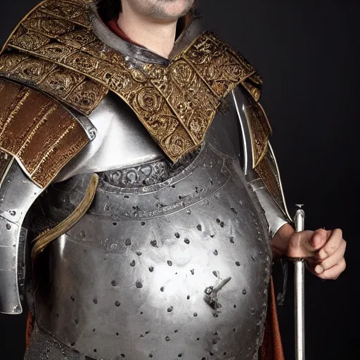 Image similar to richard iv the roman king photo, real human, soft studio lighting, 6 0 mm lens in full armor, pregnancy belly