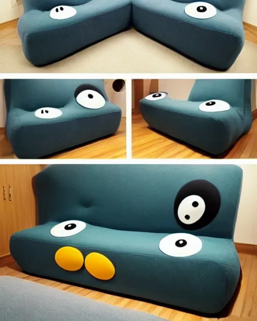 Prompt: an antropomorphic sofa by studio ghibli, googly eyes, cute, anime artstyle