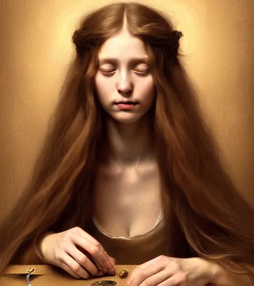 Prompt: portrait of a beautiful long - haired woman sitting upon a table with heightened detail, poised, intense emotion, detailed facial expression, detailed surroundings, intricate, elegant, highly detailed, centered, digital painting, artstation, concept art, smooth, sharp focus, illustration, by ( leonardo da vinci ), wlop