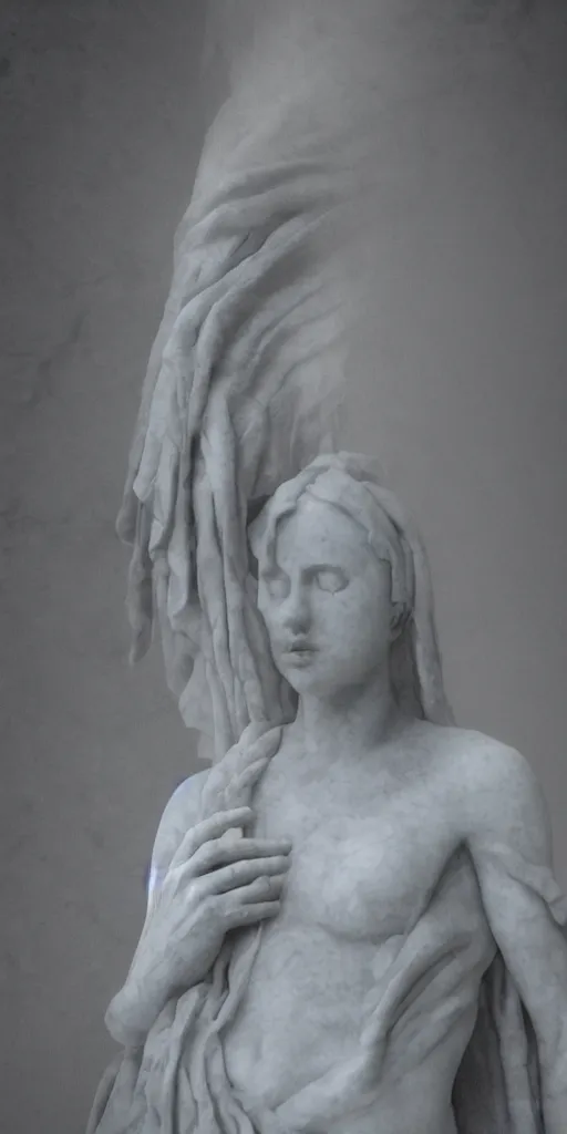 Prompt: weird marble statue close up in a dark room, creepy and eerie athmosphere, mist, godrays, photorealistic, hd,