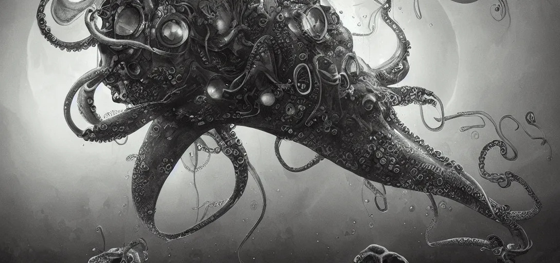 Prompt: muant, biopunk, octopus, squid, marine, hp lovecraft style, scuba diving, dark atmosphere, anglerfish, u - boat mechanism, deep ocean crature, great old ones, detailed, 4 k, artstation