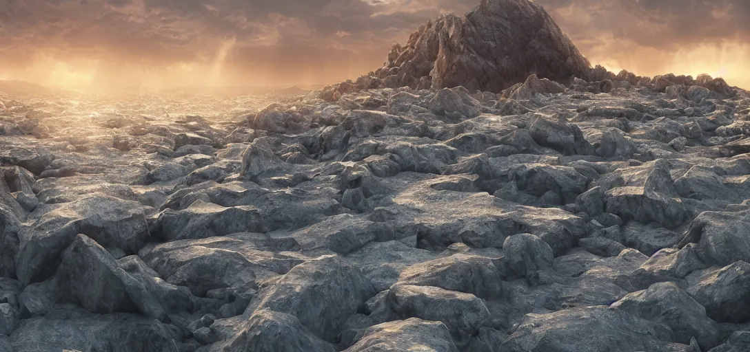 Image similar to octane render uhd, 8 k art photography, filmic lighting, cinematic art shot, hyperrealistic, hyperdetailed, super detailed, 8 k, high resolution, vast dark granite landscape with mysterious strangle glowing crystalline structure made of white rocks in the far distance, particle simulation, painting by ross tran and ivan aivazovsky, black water, sunset