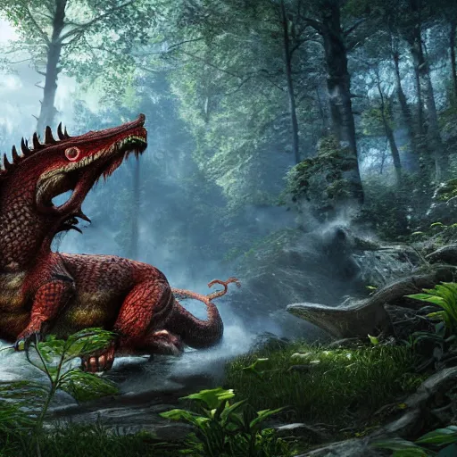 Image similar to A highly detailed 4k render of an eastern dragon in the forest, CGSociety, ArtStation, Unreal Engine