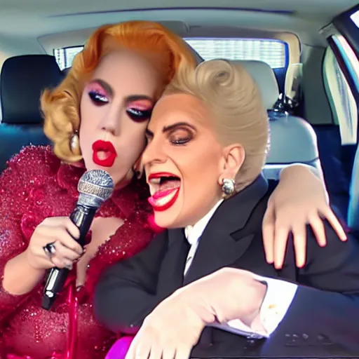 Image similar to carpool karaoke lady gaga and judy garland, highly realistic, highly detailed, high resolution, 8 k 4 k,