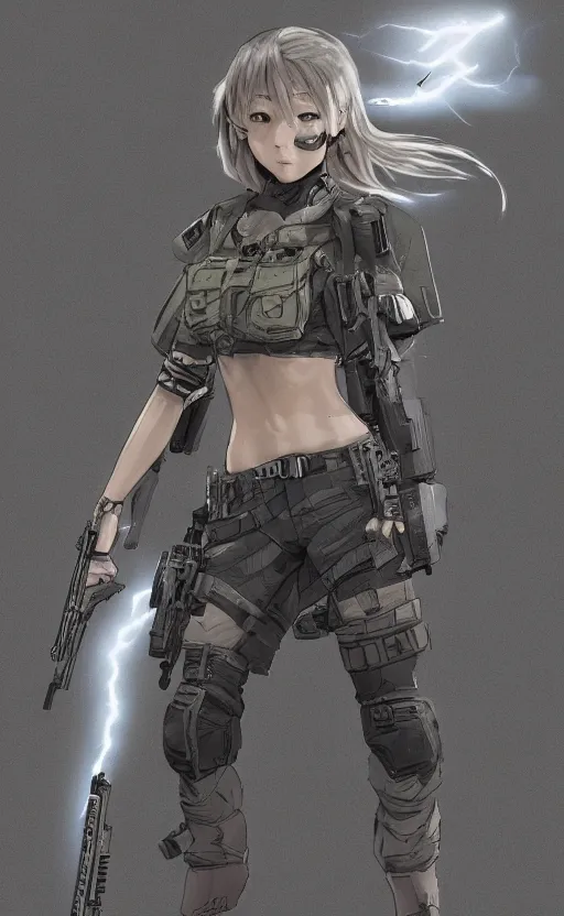 Prompt: highly detailed, high resolution, character design art, stunning, volumetric lightning, realistic guns, girls frontline style, matte, sharp focus, intricate, 150mm, illustration, artstation, by akio watanabe, realistic human anatomy, simple design, realistic military gear, metal gear style
