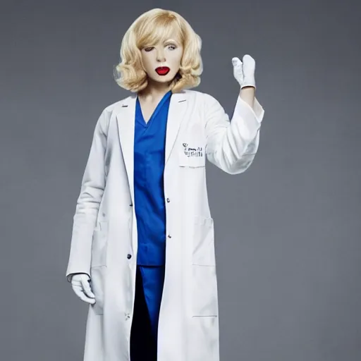 Prompt: nurse, blond, in white coat, wearing mary jane shoes, by erwin olaf, wallpaper, highly detailed