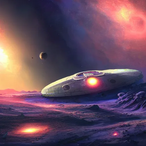 Image similar to a crashed star ship on an unknown world, artstation hall of fame gallery, editors choice, # 1 digital painting of all time, most beautiful image ever created, emotionally evocative, greatest art ever made, lifetime achievement magnum opus masterpiece, the most amazing breathtaking image with the deepest message ever painted, a thing of beauty beyond imagination or words