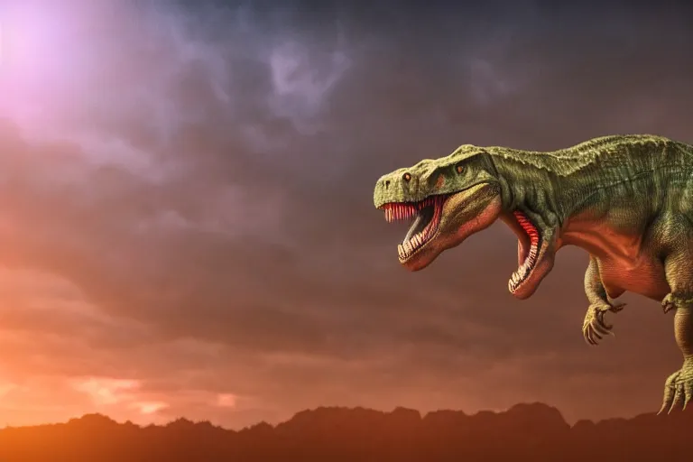 Image similar to Realistic, high quality photograph of a tired T-Rex dinosaur standing in the distance in the style of devilcore, gorecore, 3D render, blender render, realistic skin, twilight, glows, detailed, studio quality, HD image,