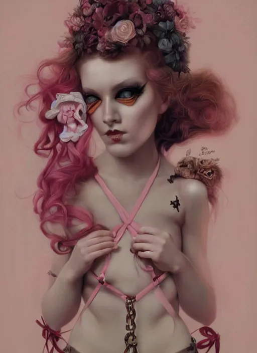 Prompt: pop surrealism, lowbrow art, realistic seductive cute woman painting, pink body harness, japanese shibari, hyper realism, muted colours, rococo, natalie shau, loreta lux, tom bagshaw, mark ryden, trevor brown style,