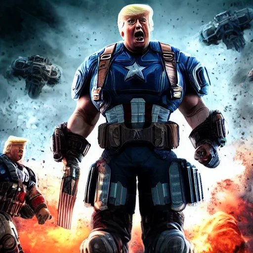 Image similar to Portrait! of President Donald Trump as ((captain america)) in Gears of War, splash art, movie still, cinematic lighting, dramatic, octane render, long lens, shallow depth of field, bokeh, anamorphic lens flare, 8k, hyper detailed, 35mm film grain