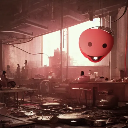 Prompt: a giant mickey mouse head, factory floor, surrounded by factory workers, octane render, cgstation, 3 d render, very detailed, mindblowing, blood and guts, gritty, cyberpunk, cinematic, hyper realism