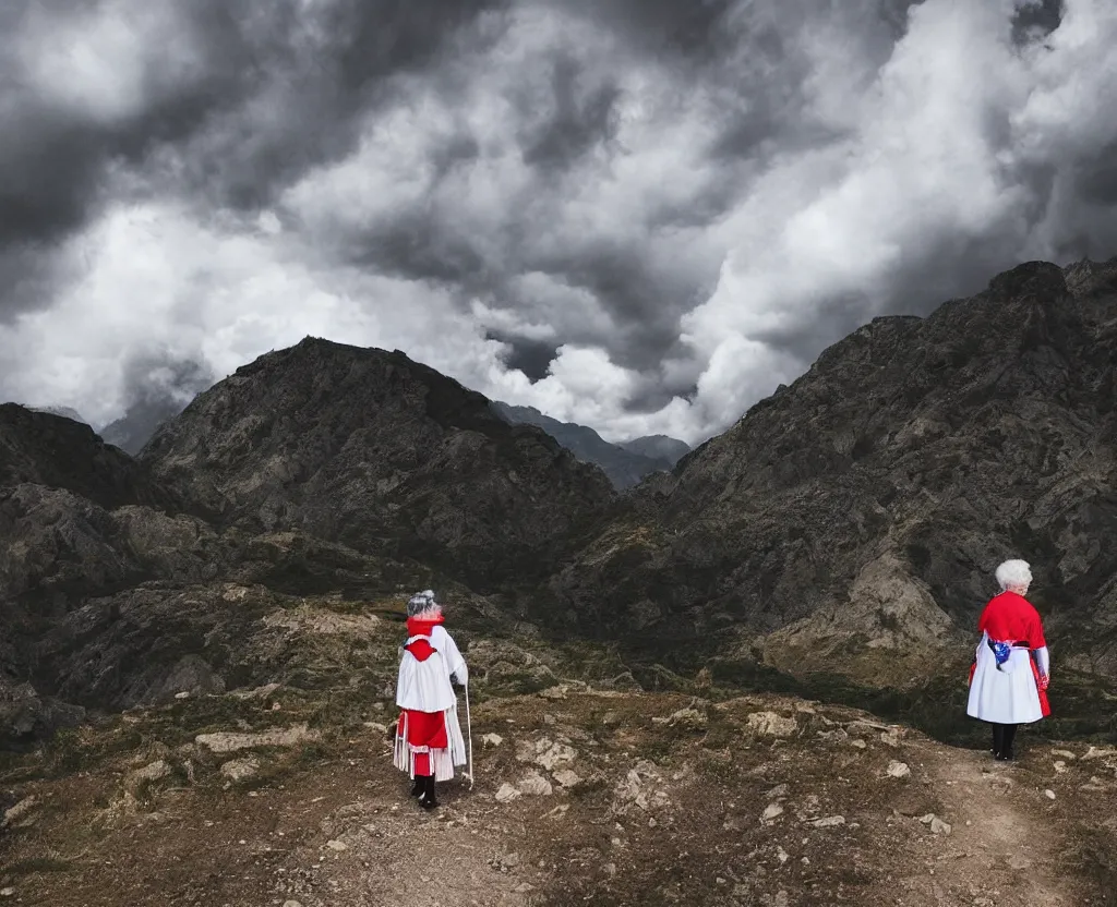 Image similar to a grandma wearing sailor moon costume wandering trough the mountains looking at the clouds very detailed focused photography cinematic lighting by martin parr