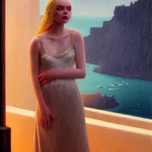 Image similar to Elle Fanning in Santorini in the world of Adam Wyeth, stormy weather, extremely detailed masterpiece, oil on canvas, low-key neon lighting, artstation, Blade Runner 2049, Roger Deakin’s cinematography, by J. C. Leyendecker and Peter Paul Rubens and Edward Hopper and Michael Sowa,