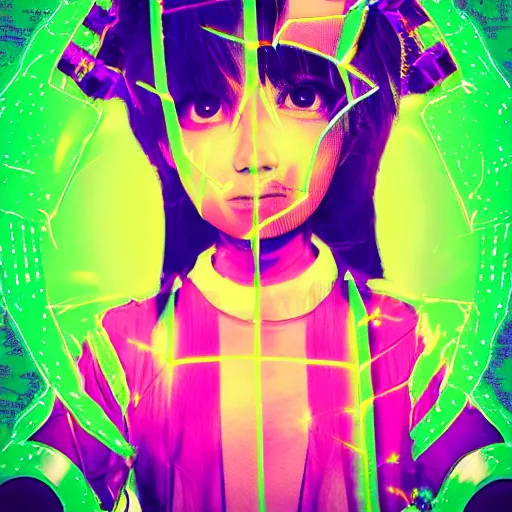 Prompt: head and shoulders portrait of an extremely cute and adorable glitchpunk magical girl from another dimension in a blend of manga-style art, augmented with vibrant composition and color, all filtered through a cybernetic lens. Digitally corrupted background with black stripes. Graflex photograph