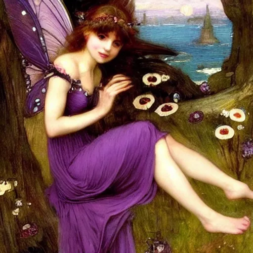 Image similar to very very very beautiful tiny fairy woman in her 20s with fairy wings wearing skintight purple dress, making eye contact, smiling, flirty, perfect body, perfect face, drawn by john william waterhouse