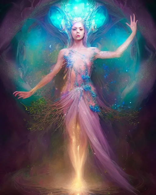 Prompt: Full View Portrait Mystical ethereal discoball deity wearing beautiful dress, disco ball Dryad beautiful dress, 4k digital masterpiece by Greg Rutkowski and Ruan Jia and rossdraws, Alberto Seveso, fantasycore, Hyperdetailed, realistic oil on linen, soft lighting, Iconography background, featured on Artstation